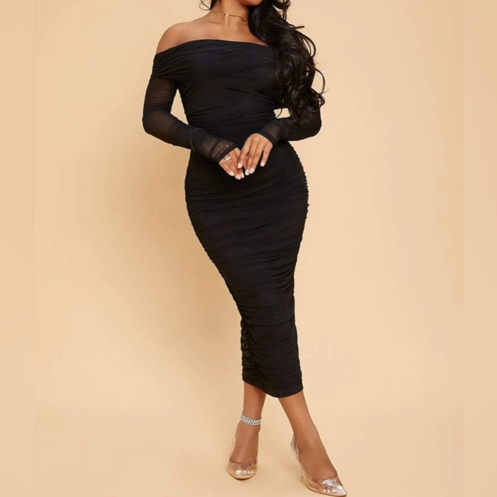 Off-Shoulder Ruffled Mesh Sexy Tight Date Long-Sleeved